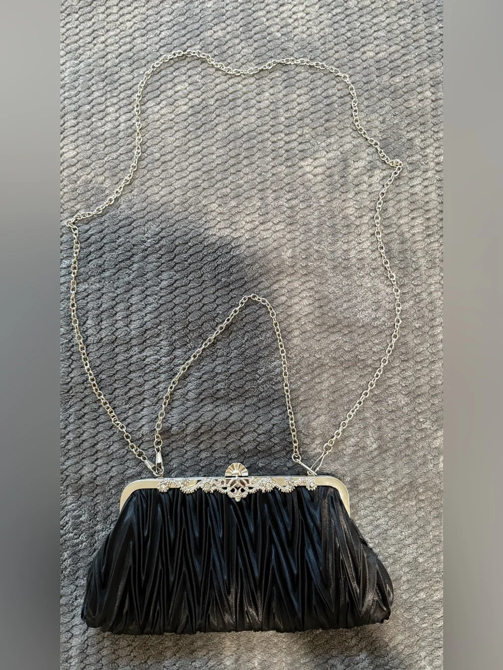 Black Ruched Evening Clutch with Silver Chain